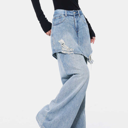 Vintage Blue Washed Fake Two-piece Jeans For Women Ripped Straight Pants