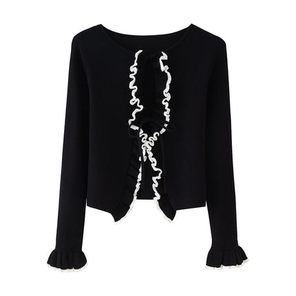Spring And Autumn Solid Color Two-color Lace Stitching Long Sleeve Tied Knitted Cardigan