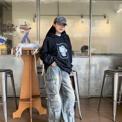Street Work Design Jeans Pocket Stitching Wide-leg Pants Women