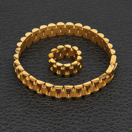 10mm Wristband Link Bracelet And 10mm 8-12 Adjustable Size Ring Stainless Steel Silver Gold Color Bracelets/Rings Set