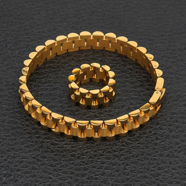 10mm Wristband Link Bracelet And 10mm 8-12 Adjustable Size Ring Stainless Steel Silver Gold Color Bracelets/Rings Set