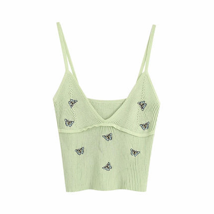 Women Fashion Butterfly Embroidery Cropped Knitted Blouses Vintage