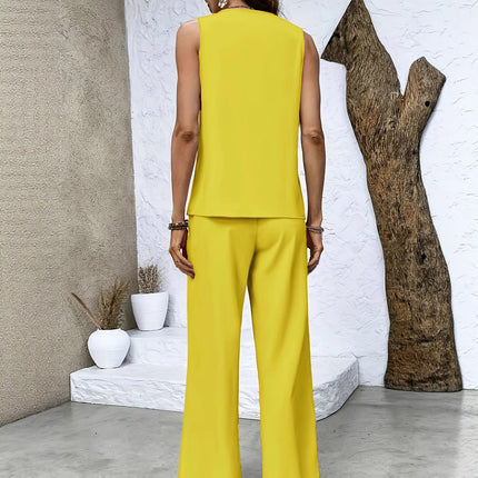 Women's Solid Color Square Neck Sleeveless Casual Top Paired With Straight Leg Pants Set