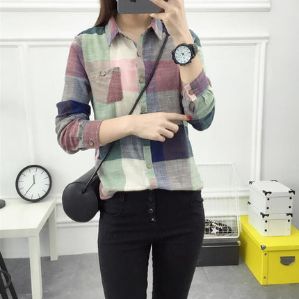asual Plaid Women Blouses Kimono Vintage Linen Cotton Long Sleeve Blouse Female Shirts Tops