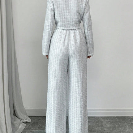 Spring And Autumn Long-sleeve Short-pants Suit, Tweed Short Jacket With Pearl Buttons, Elegant Round Neck Pearl Button Textured Jacket And Long Pants, Suitable For Commuting, Leisure, Dating, And Vaca