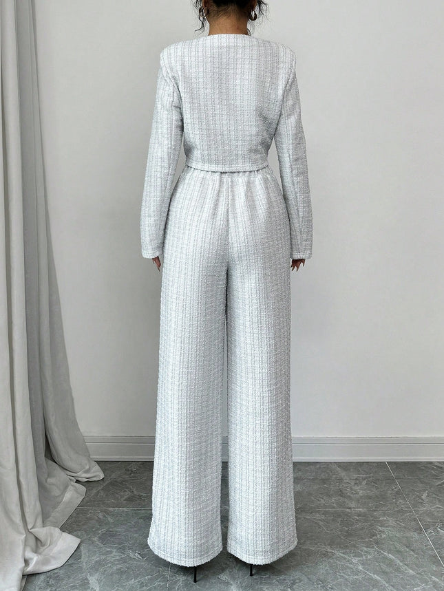 Spring And Autumn Long-sleeve Short-pants Suit, Tweed Short Jacket With Pearl Buttons, Elegant Round Neck Pearl Button Textured Jacket And Long Pants, Suitable For Commuting, Leisure, Dating, And Vaca