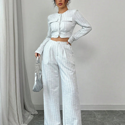 Spring And Autumn Long-sleeve Short-pants Suit, Tweed Short Jacket With Pearl Buttons, Elegant Round Neck Pearl Button Textured Jacket And Long Pants, Suitable For Commuting, Leisure, Dating, And Vaca