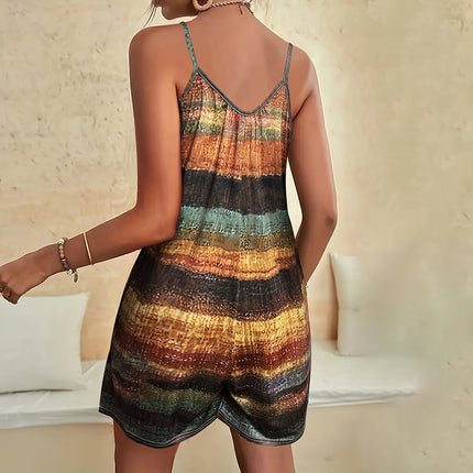 Womens Summer Casual Print Sleeveless Rompers Loose Spaghetti Strap Shorts Jumpsuit With Pockets