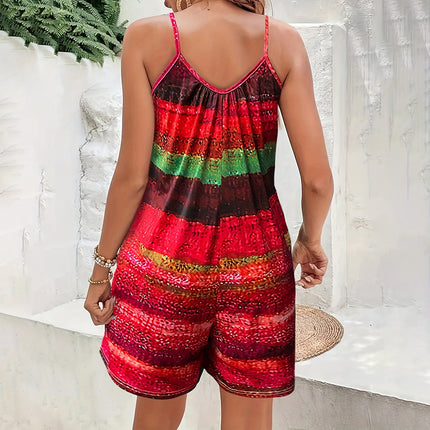 Womens Summer Casual Print Sleeveless Rompers Loose Spaghetti Strap Shorts Jumpsuit With Pockets