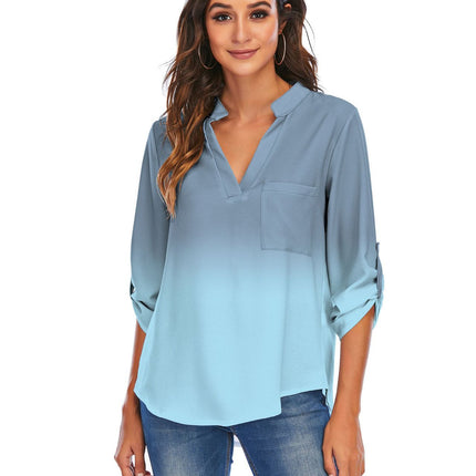 Print Gradient Blouses Women V-Neck Pockets Loose Shirts