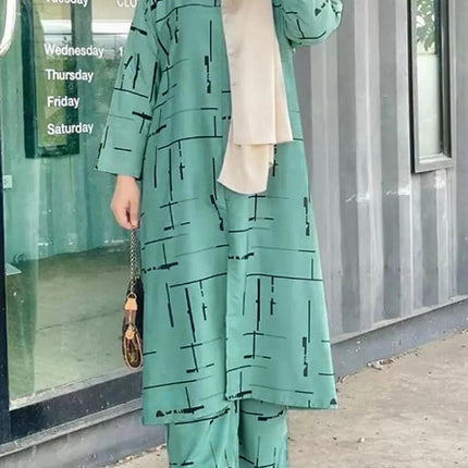 Women's Muslim Print Daily Suit Army Green Fashion Casual Set