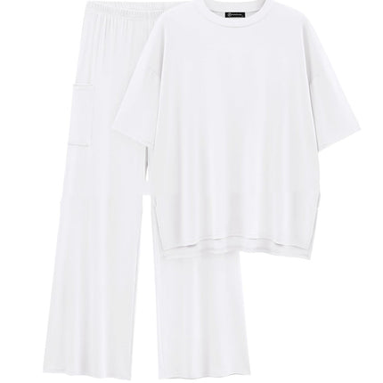Casual Short Sleeve Pullover Top Wide Leg Pants Casual Suit