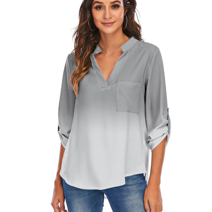 Print Gradient Blouses Women V-Neck Pockets Loose Shirts