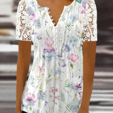 Women's Lace Lace Sleeve Pleated Solid Color Printing Button Short Sleeve