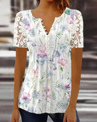 Women's Lace Lace Sleeve Pleated Solid Color Printing Button Short Sleeve