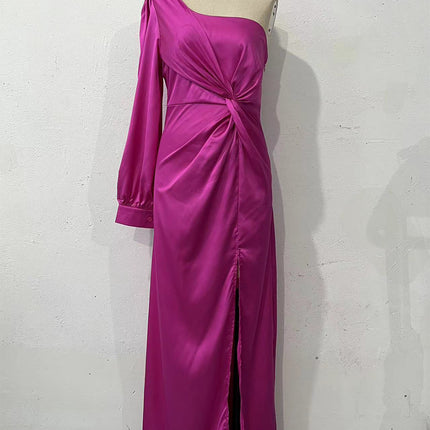 Women's One-shoulder Split Dress Ins Fashion Long-sleeved Slim Long Dresses Party Evening Clothing