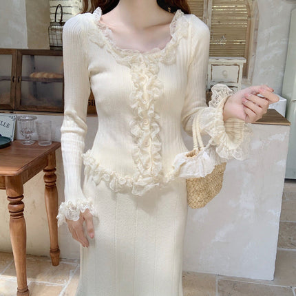 Women Lace Patchwork Black Fungus Edge Knitted Cardigan Jacket