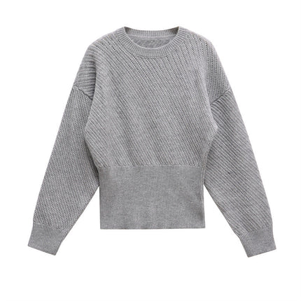 Women's Autumn And Winter Ribbed Woven O-neck Short Knitted Long Sleeve Sweater