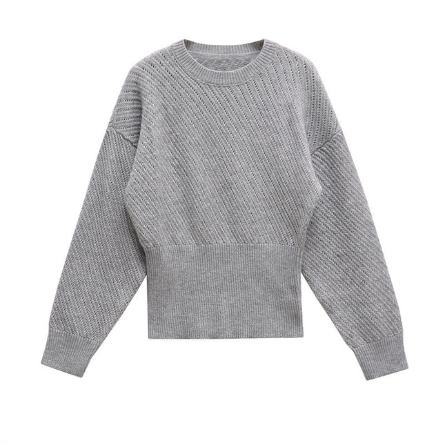 Women's Autumn And Winter Ribbed Woven O-neck Short Knitted Long Sleeve Sweater