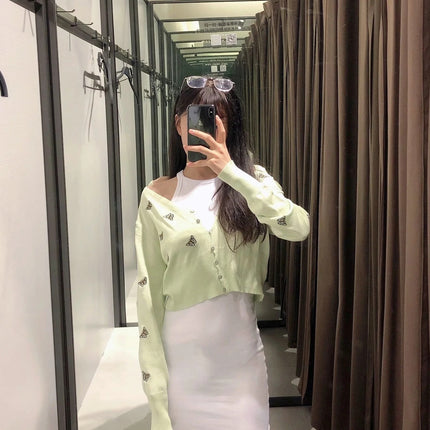 Women Fashion Butterfly Embroidery Cropped Knitted Blouses Vintage