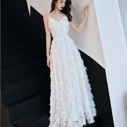 Evening Dress Female White Suspenders Birthday Party