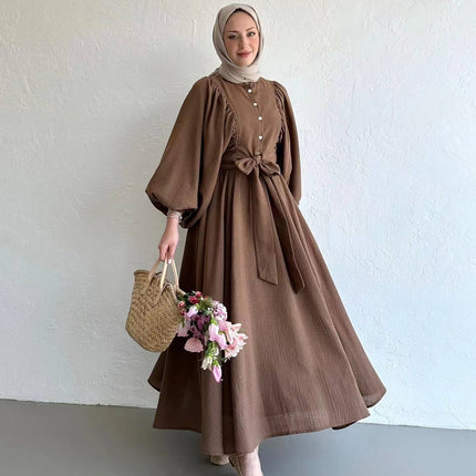 Muslim Fashion Suit Bishop Sleeves Top Swing Mid-length Dress Set