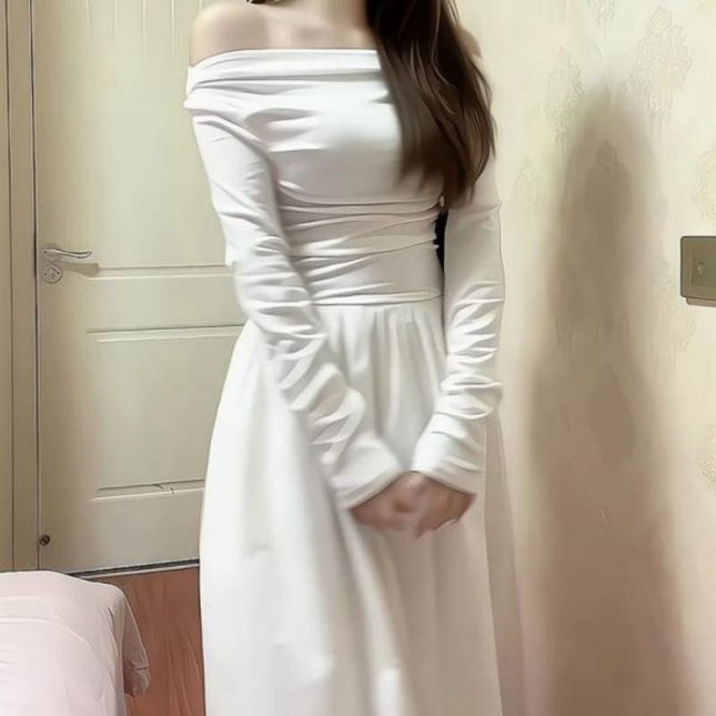 Off-shoulder White Knitted Long-sleeved Dress Women
