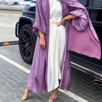 Eid Muslim Abaya Dress Kimono For Women Fashion Shining Silklike Summer Abayas Cardigan Puff Sleeve Dubai Turkey Clothes