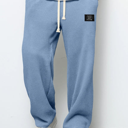 Waffle Straight Pants Fashion Brand Loose Loose  Drawstring Pockets Trousers Casual Men's Clothing