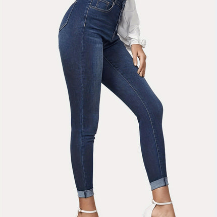 Contrast Color Slim Fit Stretch Rolled Hem Cropped Jeans