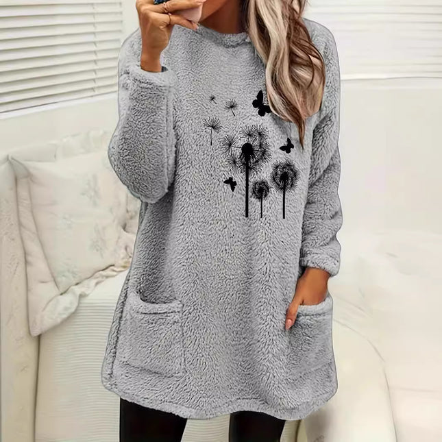 Women's Printed Round Neck Pullover Long Sleeve Pocket Double-sided Velvet Sweatshirt