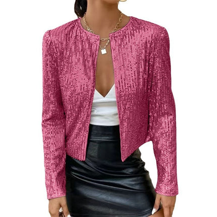 Stand Collar Color Matching Sequins Coat Short Casual Jacket