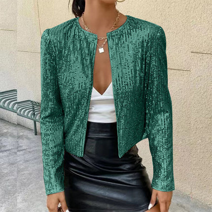 Stand Collar Color Matching Sequins Coat Short Casual Jacket