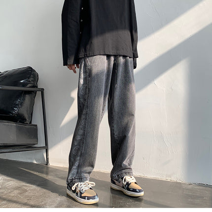 Retro Jeans Ins Men and Women Stitching Cashew Jacquard Loose Wide-leg Straight Pants Drawstring Trousers Tide