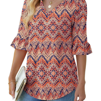 Printed Shirt V-neck Floral Flared Half Sleeve Top