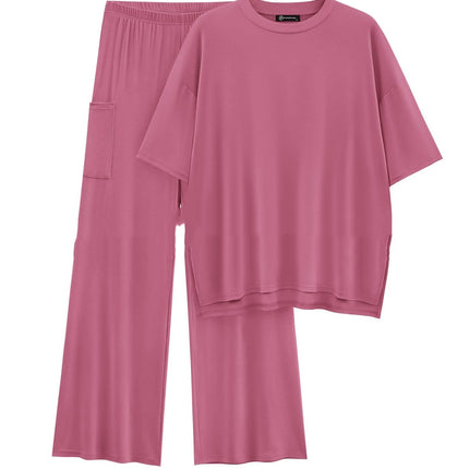 Casual Short Sleeve Pullover Top Wide Leg Pants Casual Suit
