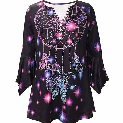 Spring And Autumn New Printed Spike Button Irregular Three-quarter Sleeve T-shirt Casual Top