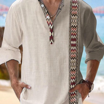 Thin Casual Digital Bamboo Linen Hawaiian Long Sleeve Shirt