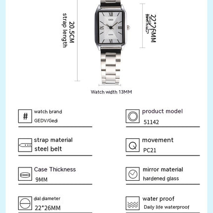 Classic Simple Square Watch Women's Affordable Luxury Fashion High-grade Korean Style All-match Steel Belt