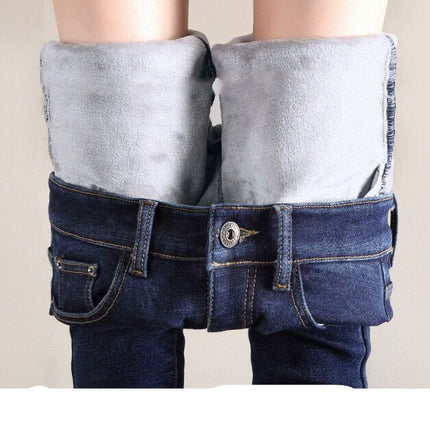 Women Thermal Jeans Winter Snow Warm Plush Stretch Jeans Lady Skinny Thicken Fleece Denim Long Pants Retro Blue Pencil Trousers