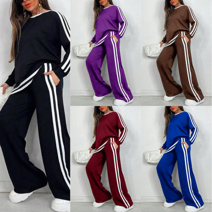 Casual Striped Trousers Long Sleeve Round Neck Suit