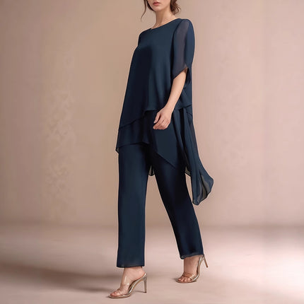 Women's Solid Color Asymmetrical Hem Round Neck Chiffon Top Paired With Straight Leg Pants Set