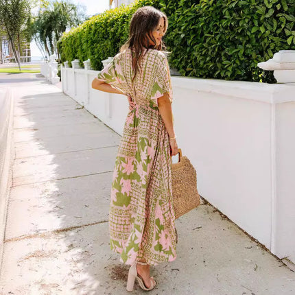 High Waist Batwing Sleeve V-neck Women's Printed Wear Dress