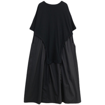Loose Round Neck T-shirt Stitching Drawstring Large Pocket Mid-length Dress