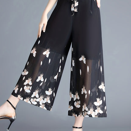 910-length Plus-size Figure-flattering Womens Flowy High-waisted Chiffon Wide-leg Pants