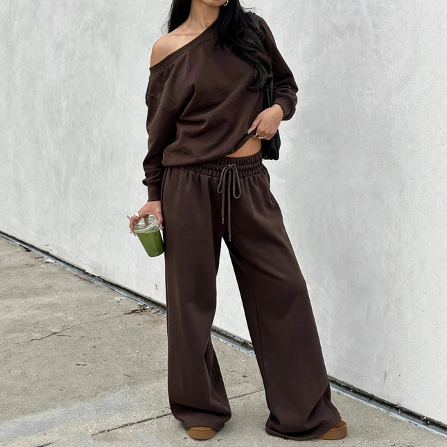 New Style Slant Shoulder Design Sports Style Leisure Fashion Two-piece Set