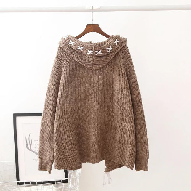 Women Hooded Tops Knitting Cardigan Sweater Coat Women Loose Sweater