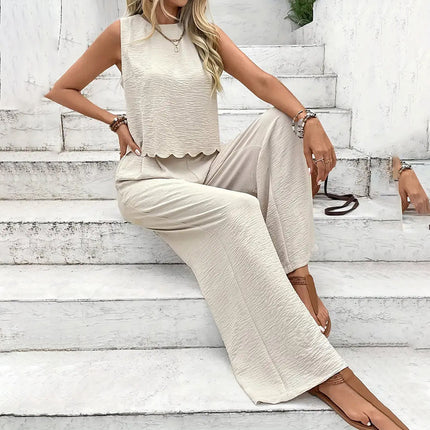Women's Elegant 2-Piece Matching Set, Sleeveless Crop Top And Wide Leg Pants Outfits