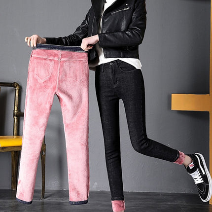 Women Thermal Jeans Winter Snow Warm Plush Stretch Jeans Lady Skinny Thicken Fleece Denim Long Pants Retro Blue Pencil Trousers