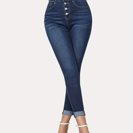 Contrast Color Slim Fit Stretch Rolled Hem Cropped Jeans